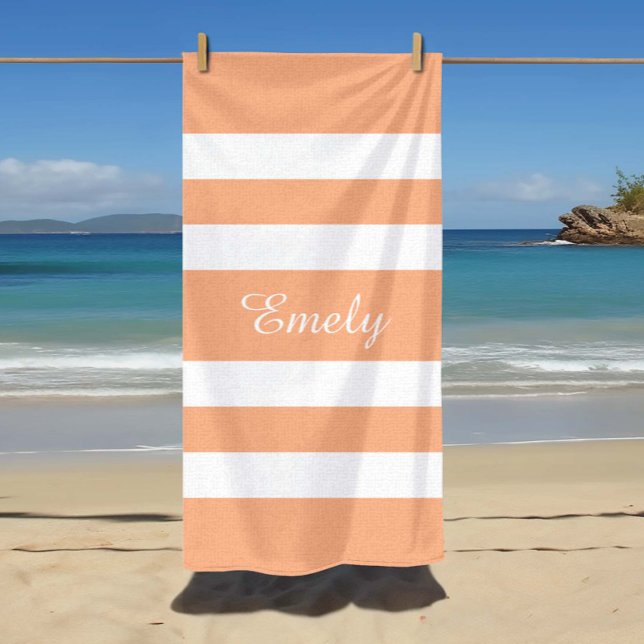 Serviette De Plage Élégant Rayures Rose Peach (Stylish Peach Pink Stripes Beach Towel)