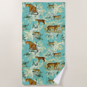 Serviette De Plage Elégant Safari Tropical Wild Cats Tiger Turquoise