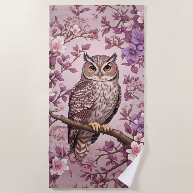 Serviette De Plage Elégant Scops Owl Purple Floral (Devant)