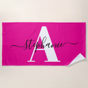 Serviette De Plage Élégant Script Gros Monogramme Rose Chaud