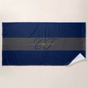 Serviette De Plage Élégant Script Monogram Dark Navy Blue Grey & Gold