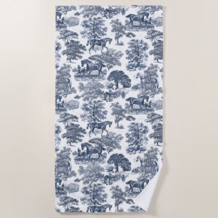 Serviette De Plage Élégant Toile Vintage Bleu Poussiéreux Cheval Blan