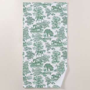 Serviette De Plage Élégant Toile Vintage Vert Sauge Blanc Chevaux
