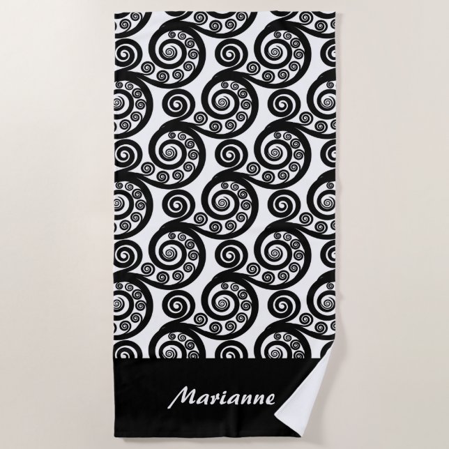 Serviette De Plage Elégante Boucles Noir & Blanc Koru Fern Frond (Devant)