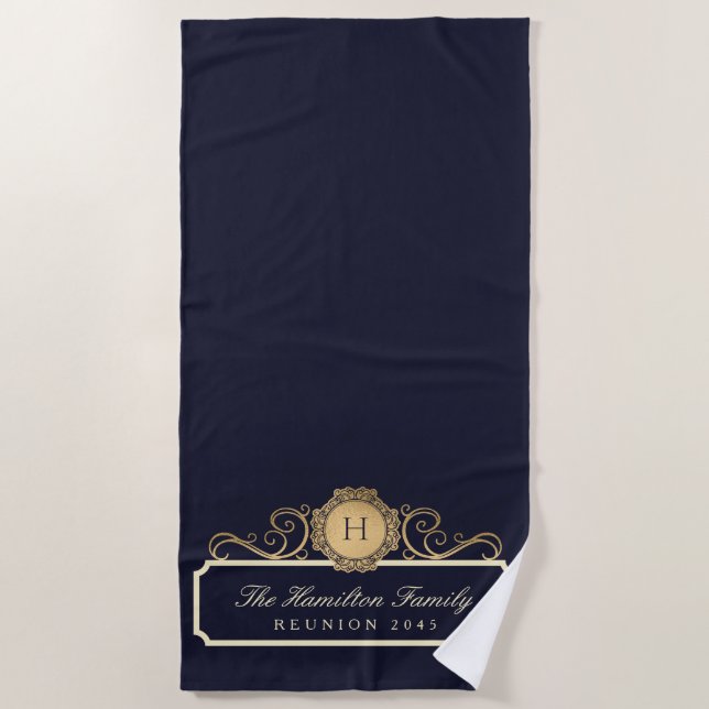 Serviette De Plage Elégante famille Réunion or Monogramme Marine (Devant)