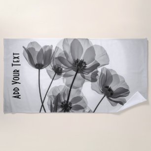 Serviette De Plage Élégante Fleur de Pavot Noir et Blanc