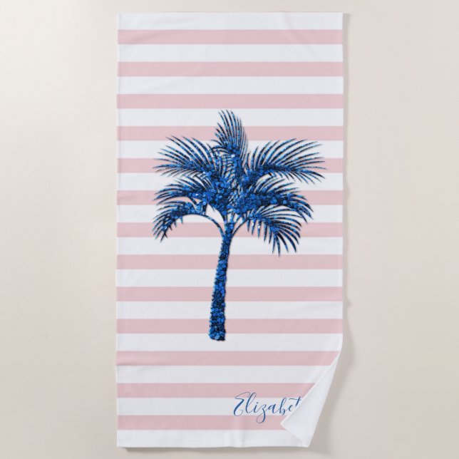 Serviette De Plage Elégante Parties scintillant Bleue Palm Pink Strip (Devant)