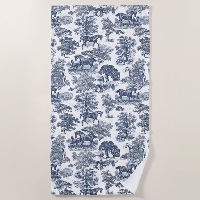 Serviette De Plage Elégante Toile de Chevaux Bleu Dusty Vintage (Devant)