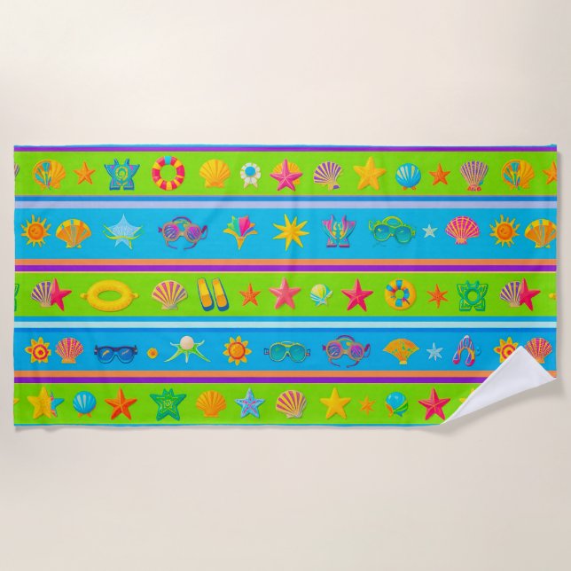 Serviette De Plage 🌊 Éléments de design de plage ensoleillée tropica (Devant)