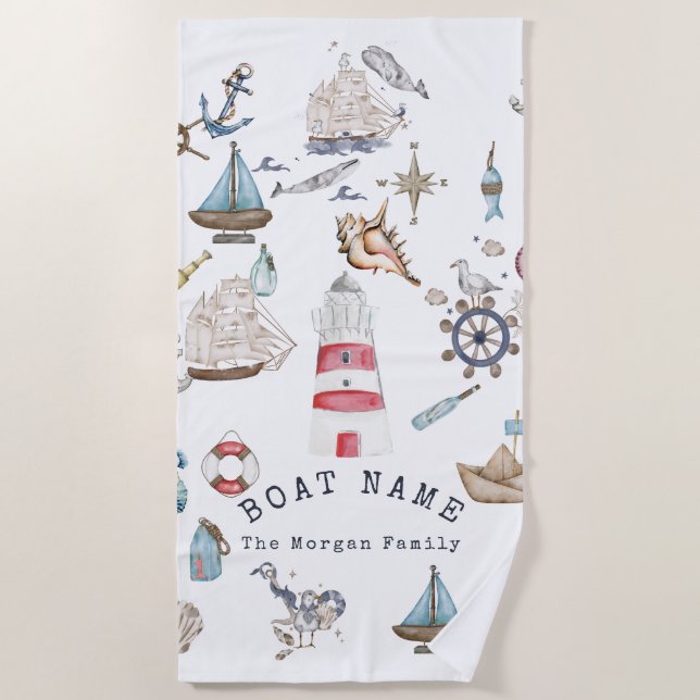 Serviette De Plage Éléments nautiques à l'aquarelle Marin (Devant)