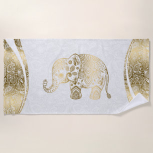 Serviette De Plage Eléphant à la paisley florale or et blanc