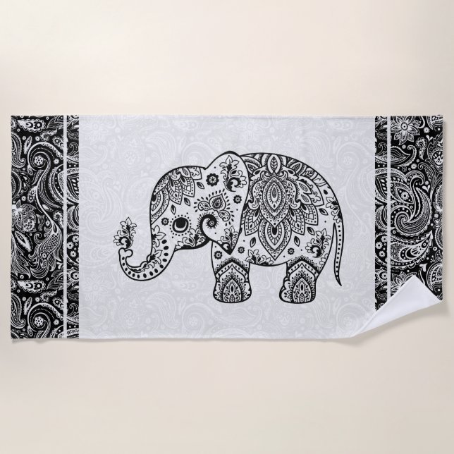 Serviette De Plage Eléphant de Paisley Floral Noir & Blanc (Devant)