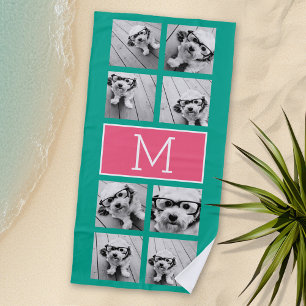 Serviette De Plage Emerald & Pink Instagram 8 Photo Collage Monogramm