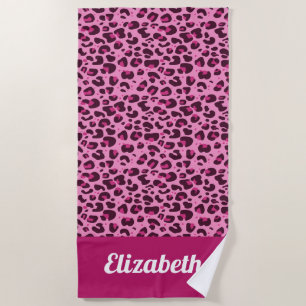 Serviette De Plage Empreinte de léopard tendance rose avec nom