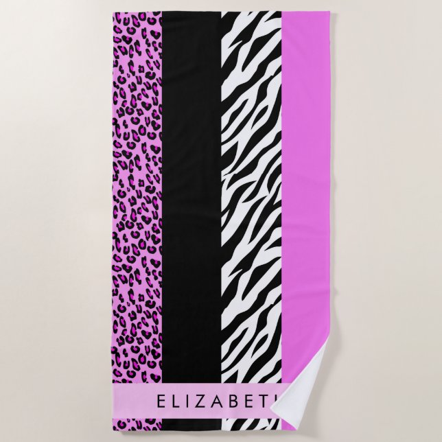 Serviette De Plage Empreinte de léopard, Zebra Print, Rose, Votre nom (Devant)