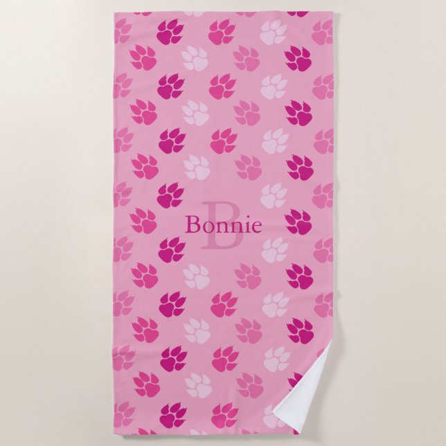 Serviette De Plage Empreintes De Pattes De Chien Roses Avec Monogramm (Devant)
