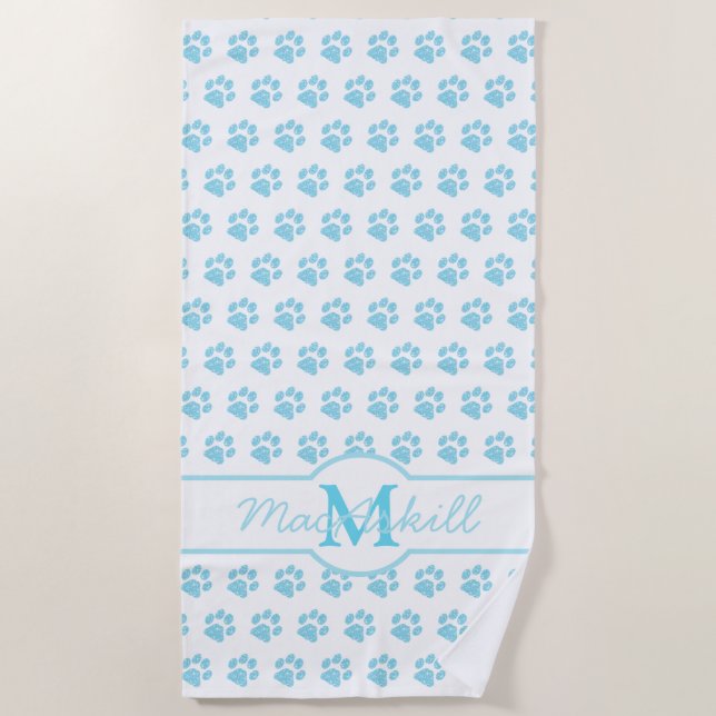 Serviette De Plage empreintes de pattes Parties scintillant Bleu Blan (Devant)