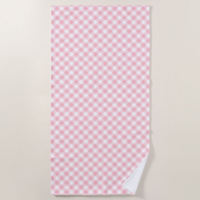 Serviette De Plage En vichy en diagonale rose et blanc (Devant)