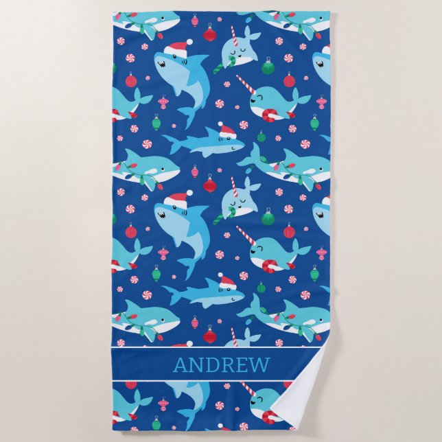 Serviette De Plage Enfants Christmas Shark Narwhal Personnalisé (Devant)