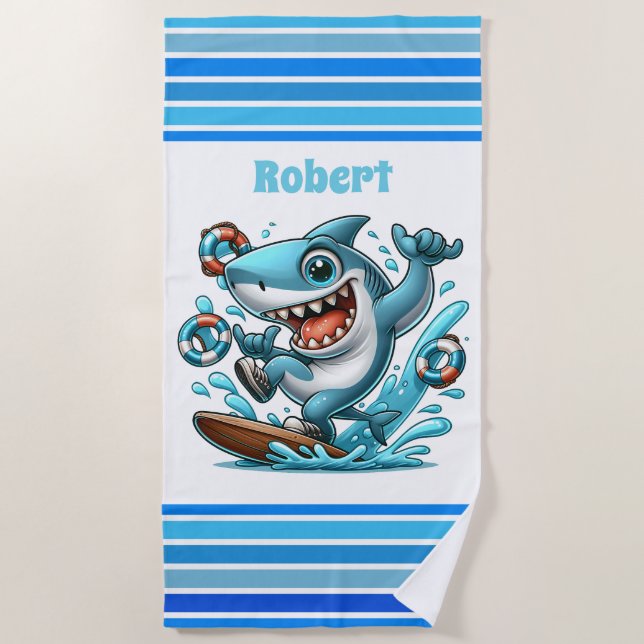 Serviette De Plage Enfants cool requin ajouter un nom (Devant)