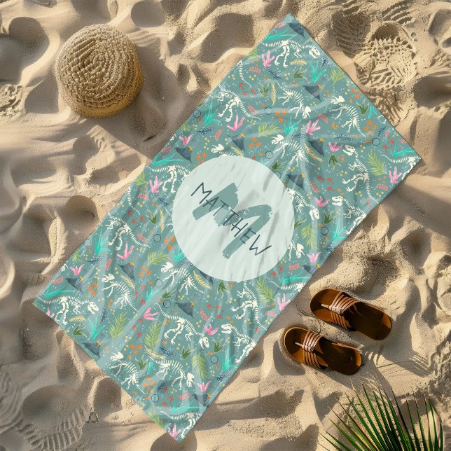 Serviette De Plage Enfants Cute Dinosaur Fossil Motif & Monogram Garç (Créateur téléchargé)
