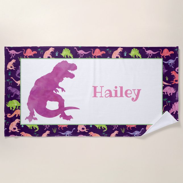 Serviette De Plage Enfants Dinosaure Purple Personnalisé Aquarelle T- (Devant)