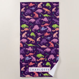 Serviette De Plage Enfants Dinosaures Personnalisées Aquarelle Purple