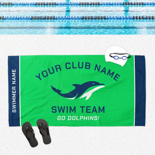 Serviette De Plage Équipe de natation Navy Vert Nom personnalisé (Créateur téléchargé)