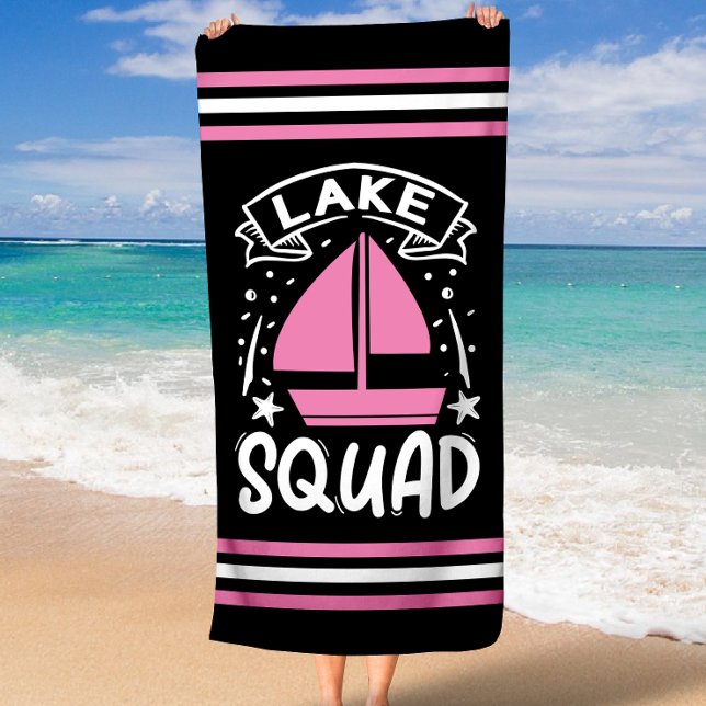 Serviette De Plage Équipe du lac Boat d'été avec frontière étroite (Summer Boat Lake Squad with Stripe Border Beach Towel)