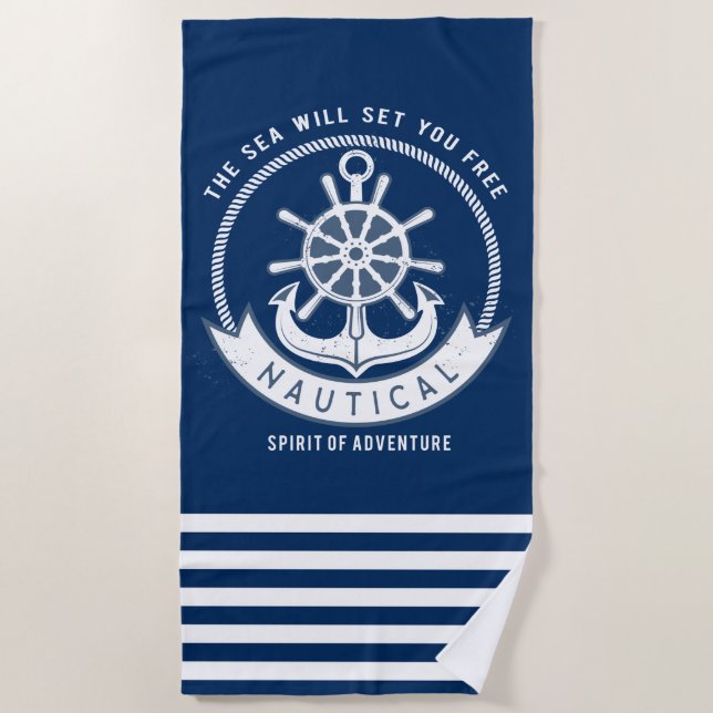 Serviette De Plage Esprit nautique Ancre,Roue, Bleu marine,Rayures (Devant)