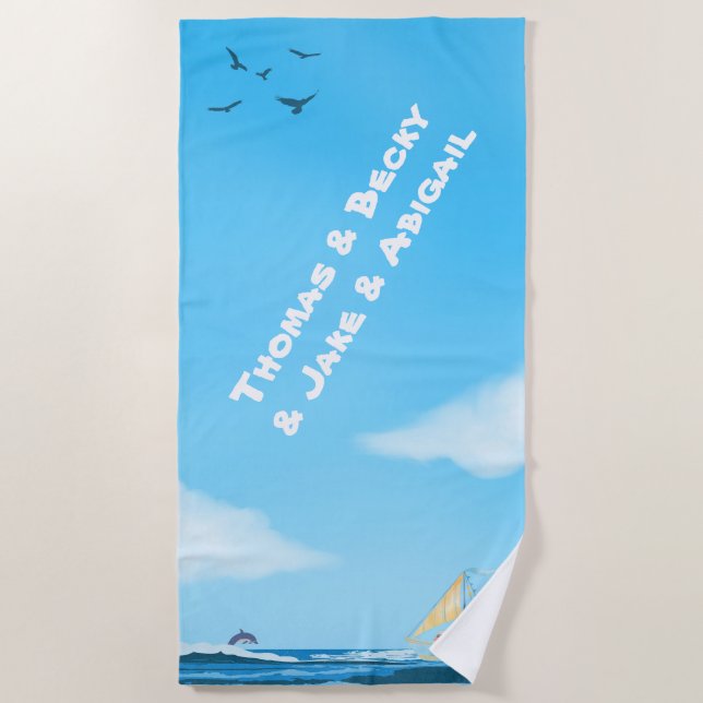 Serviette De Plage Été bleu, ciel lumineux, nom blanc (Devant)