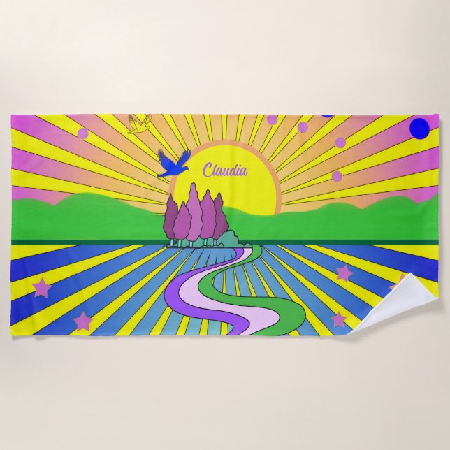 Serviette De Plage Été de l'amour Psychedelic Sunburst Nom personnali (Devant)