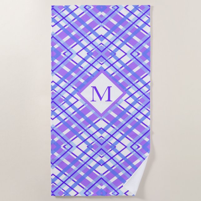 Serviette De Plage Été Doux Purple Bleu Plaid Personnaliser Monogramm (Devant)