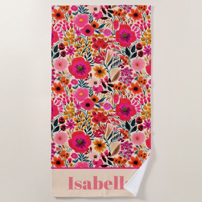 Serviette De Plage Été Floral Coloré rose Personnalisé (Devant)