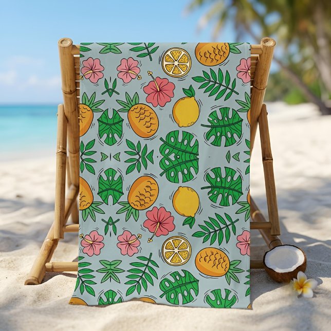 Serviette De Plage Été Tropical Rétro Citron Bleu Ananas (Créateur téléchargé)