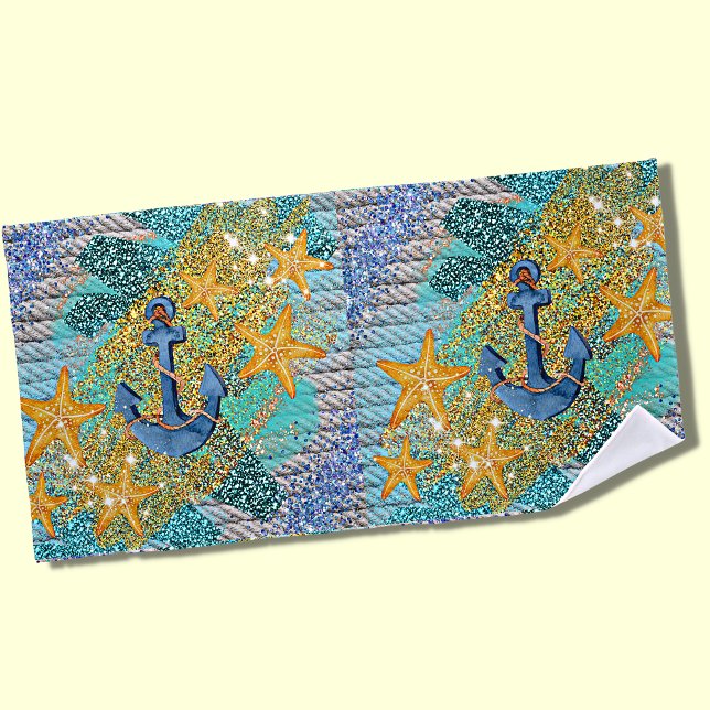 Serviette De Plage Étoile de mer de sable et ancre bleue nautique  (Créateur téléchargé)