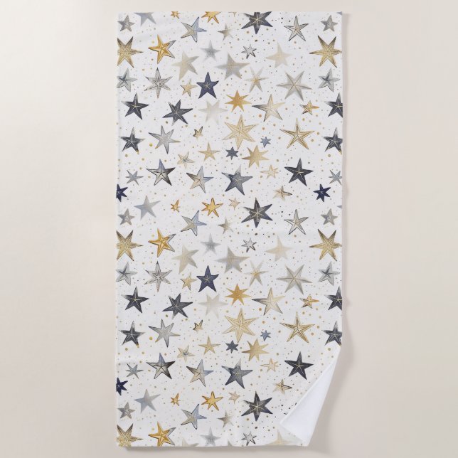 Serviette De Plage Étoiles Bleues Argent Or (Devant)