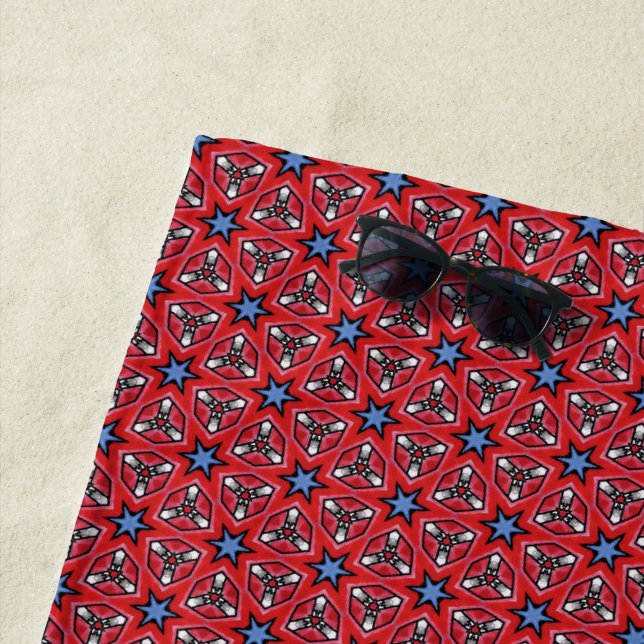 Serviette De Plage Étoiles bleues sur rouge (En situation)