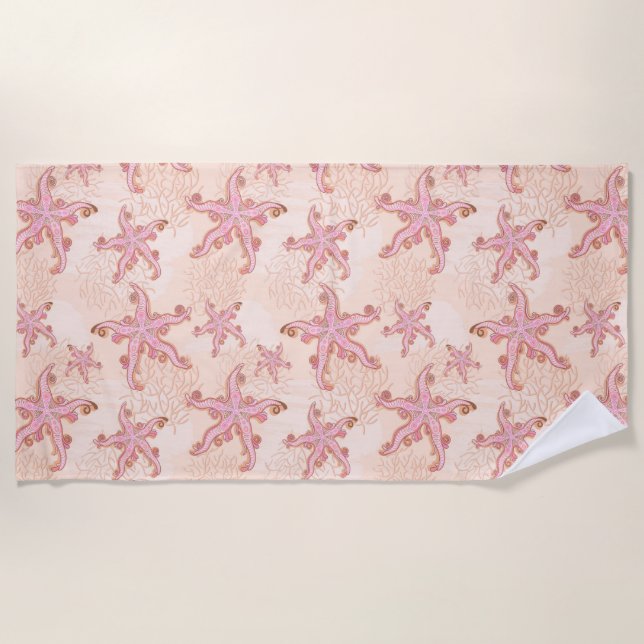 Serviette De Plage Étoiles de mer et motif pastel rose corail (Devant)