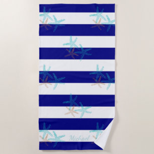 Serviette De Plage Étoiles de mer sur rayures bleu marine - Personnal