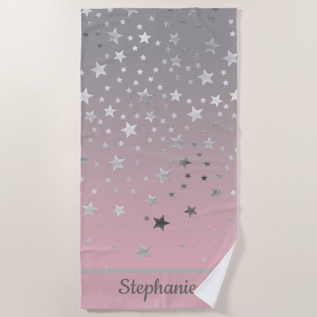 Serviette De Plage Étoiles Roses Et Gris Ombre Design Chic Moderne (Devant)