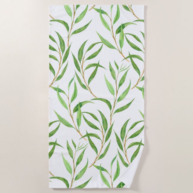 Serviette De Plage Eucalyptus motif aquarelle sur blanc (Devant)