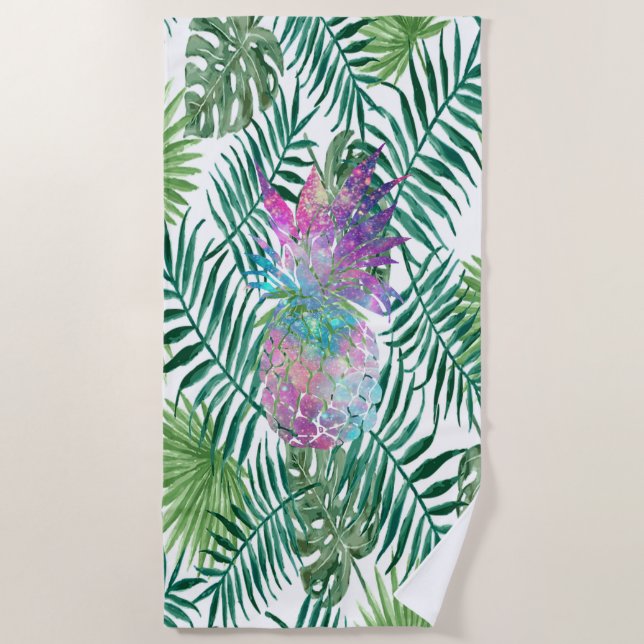 Serviette De Plage Exotique tropicale, Feuilles de palmier, Ananas (Devant)