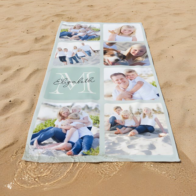 Serviette De Plage Famille personnalisée 7 Photos Collage - Monogramm (Créateur téléchargé)
