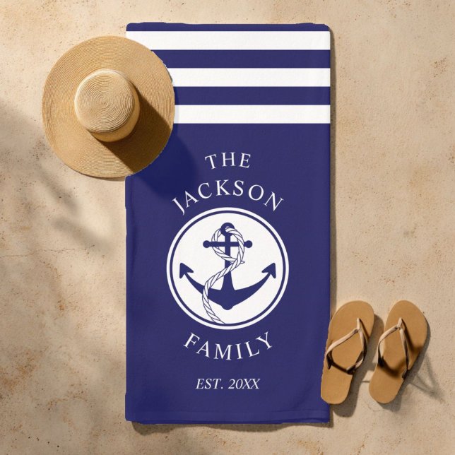 Serviette De Plage Family Name Nautical Ship Anchor Stripes (Personalized Navy Blue Nautical Anchor Beach Towel)