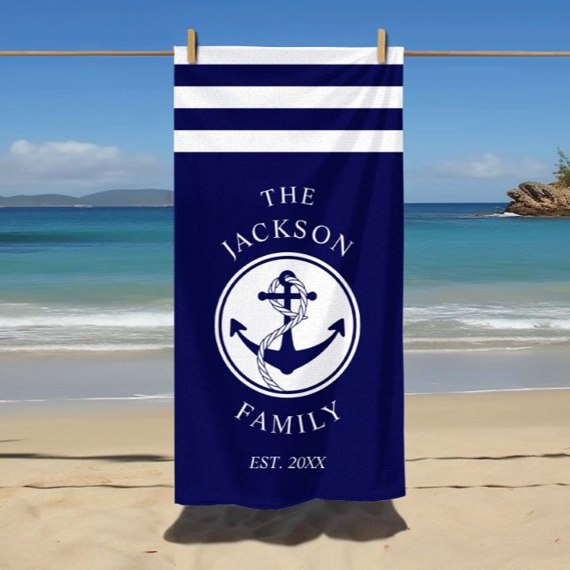 Serviette De Plage Family Name Nautical Ship Anchor Stripes (Custom Family Name Nautical Ship Anchor Stripes Beach Towel)