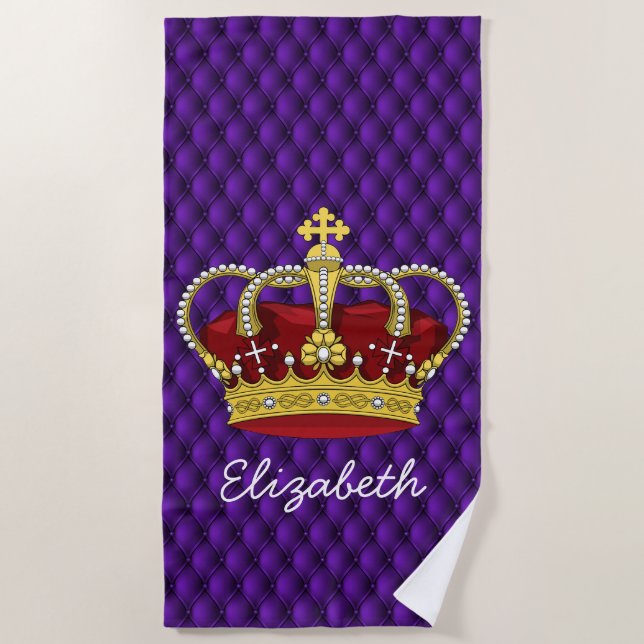 Serviette De Plage Fancy Royal Purple & Queen's Crown avec nom (Devant)
