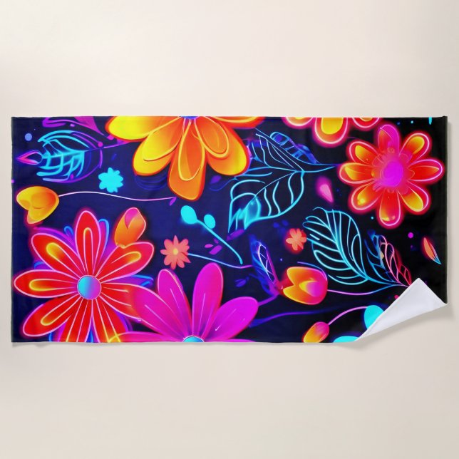 Serviette De Plage Fantaisie Florale Néon (Devant)