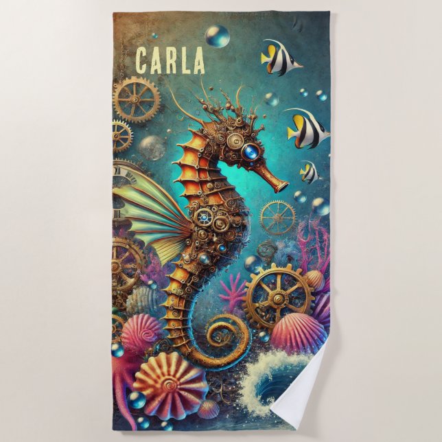 SERVIETTE DE PLAGE FANTASIE FANTAISISTE CHEVAL MARIN STEAMPUNK (Devant)