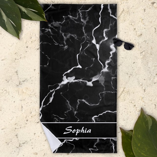Serviette De Plage Faux Black Marble Texture Look Avec Texte Personna (Créateur téléchargé)